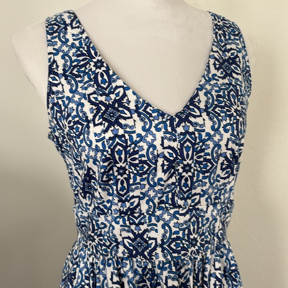 MILLY Dress Design Nation Blue White Mosaic Mallorca Tile Print Fit Flare Size 4 - Picture 2 of 8